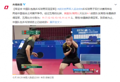 2019军运会乒乓球男双决赛 樊振东/周雨夺冠