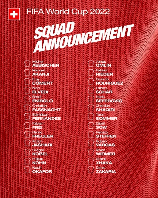 瑞士国家队公布世界杯名单：扎卡、索默、沙奇里入选