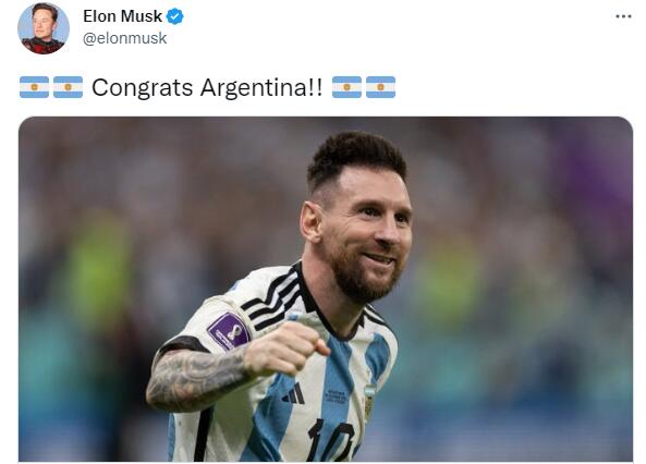 阿根廷晋级世界杯决赛，推特老板马斯克发文祝贺：恭喜阿根廷