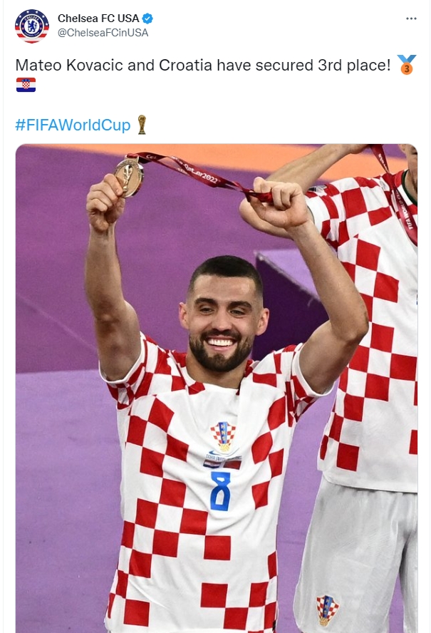 克罗地亚获得世界杯季军，切尔西发文祝贺科瓦西奇