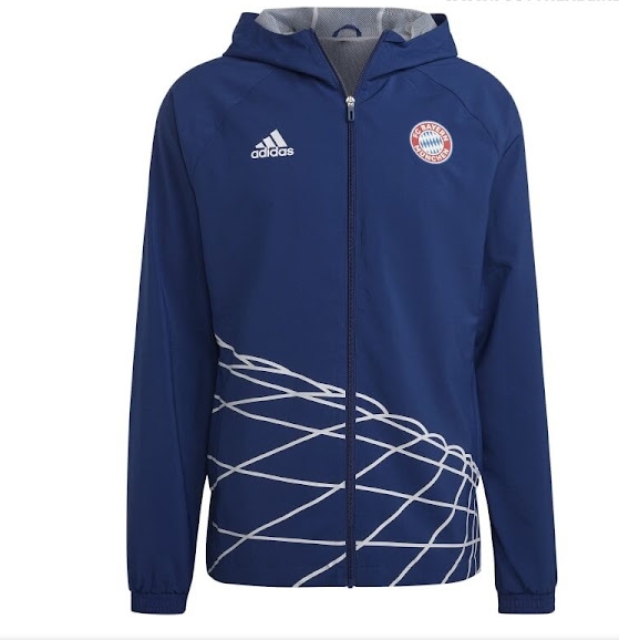 阿迪达斯推出新款拜仁风衣夹克：蓝色主色+安联球场线条轮廓